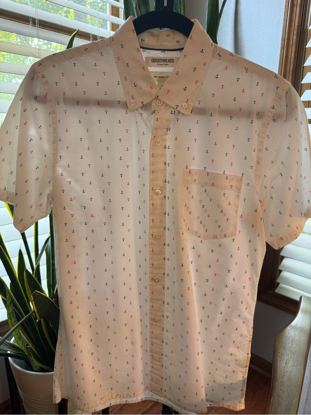 Goodthreads White Short-Sleeve Anchor-Print Button-Down Shirt